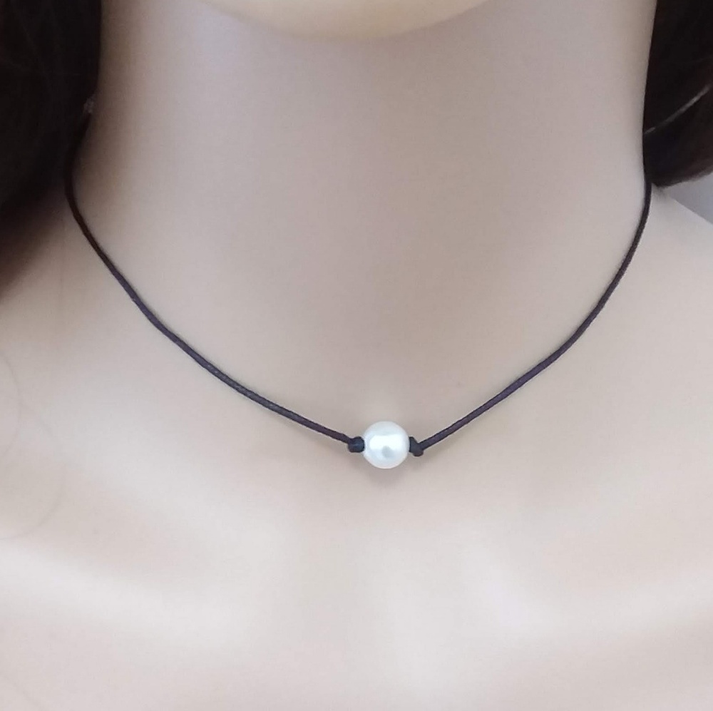 Faux Pearl Black Cord Choker Necklace - Picture 2 of 2